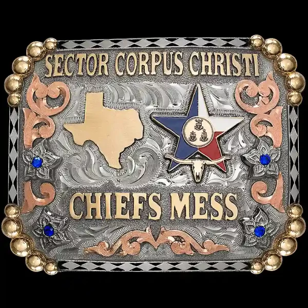 Our Robstown Belt Buckle is hand crafted on a German Silver base, feautirng a diomand pattern edge with Jeweler's Bronze bead corners, Copper scroll overlay and four German Silver flowers accented with your choice of cubic zirconia stones. This buckle sho